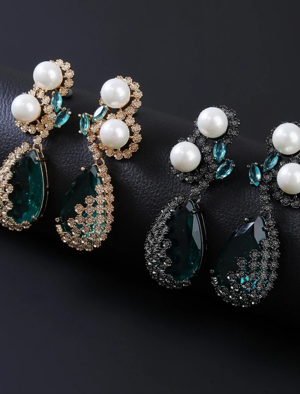 Elegant Pearl and Teardrop Crystal Dangle Earrings - Green
